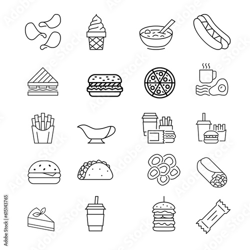 Prepared food icon set. Soup. Chips. Ice cream. Pizza. And others 