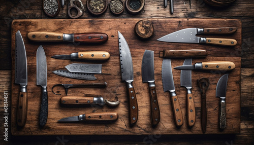 Sharp steel blades on wooden cutting board  a kitchen collection generated by AI