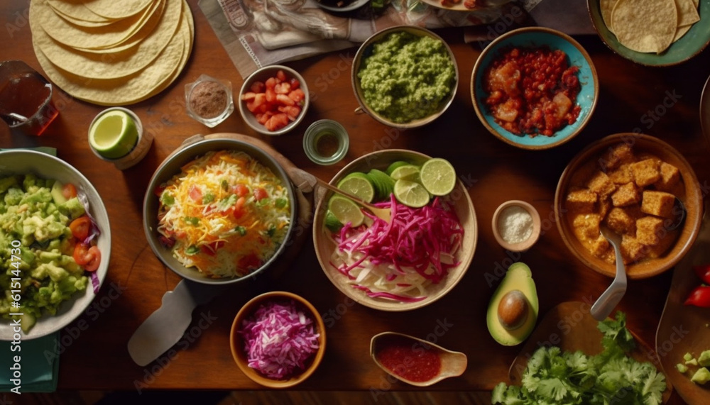 Fresh Mexican appetizer variation on rustic wooden table, ready to eat generated by AI Fresh Mexican appetizer variation on rustic wooden table, ready to eat generated by AI