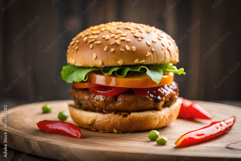 Hamburger with fresh vegetables on wooden background. Ai generative Hamburger with fresh vegetables on wooden background. Ai generative