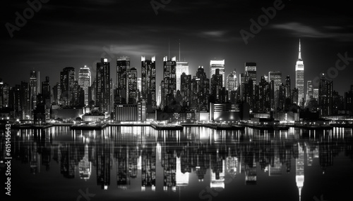 Modern skyscrapers illuminate waterfront skyline in famous international landmark city generated by AI © Stockgiu