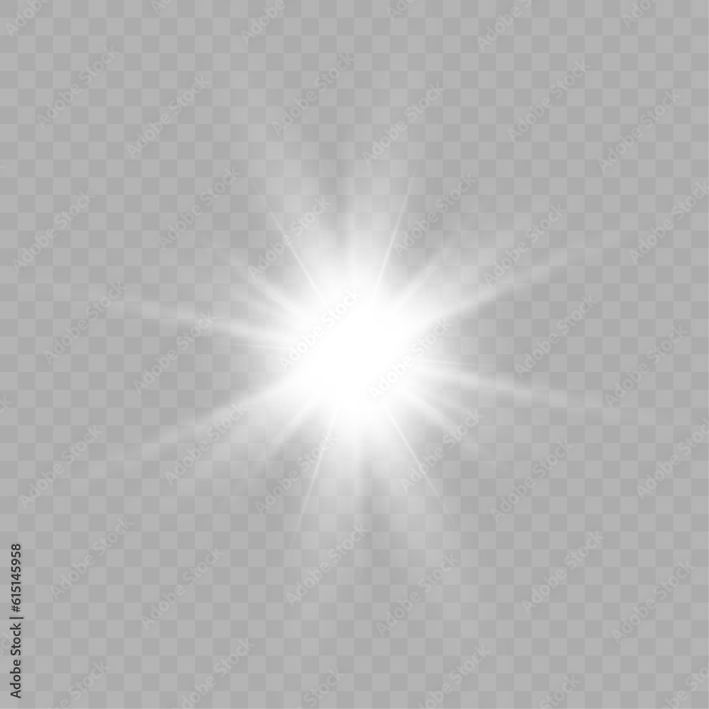 White glowing light explodes on a transparent background. Bright Star. Transparent shining sun, bright flash. Vector graphics.
White glowing light explodes on a transparent background. Bright Star. Transparent shining sun, bright flash. Vector graphics.