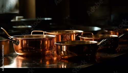 Shiny steel cooking equipment reflects flame in modern kitchen indoors generated by AI