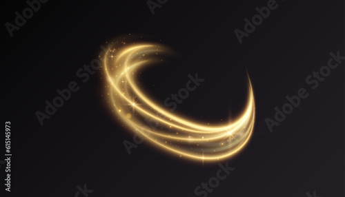 Dynamic gold lines with glow effect. Rotating shiny semi-rings. Abstract sparkling swirl, wave. 