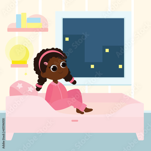 The girl is sitting on the bed in pajamas. This is a children's bedroom in pastel colors. The child is smiling happily. Children's illustration in cartoon style.