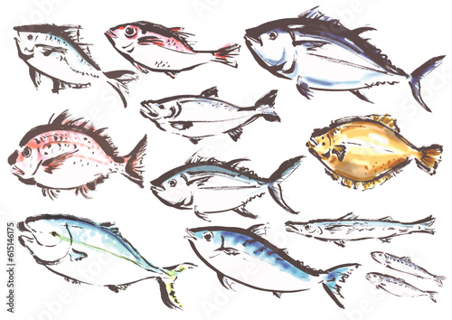 手描きの魚集合イラスト
