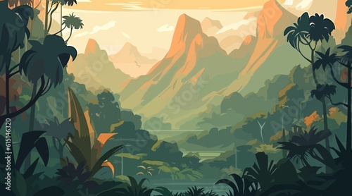 Jungle flat cartoon landscape background. Vector illustration