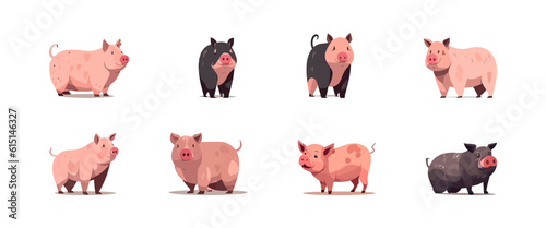Pig set flat cartoon isolated on white background. Vector illustration