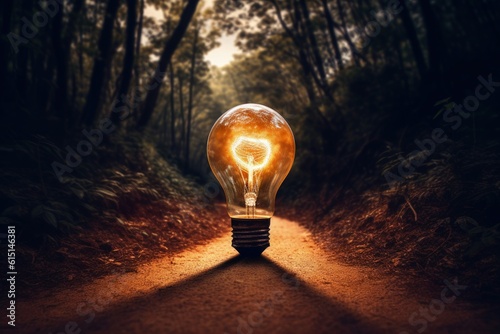 Light bulb in the middle of the road, symbolizing the illumination of a creative journey and the search for new ideas, Generative AI photo