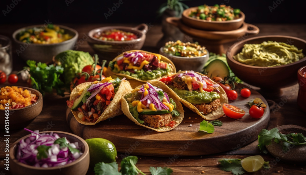 Grilled beef taco with guacamole, tomato, and cilantro on flatbread generated by AI