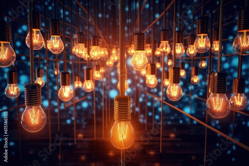 Multiple light bulbs interconnected with glowing lines, illustrating the process of generating ideas and the flow of creativity, Generative AI