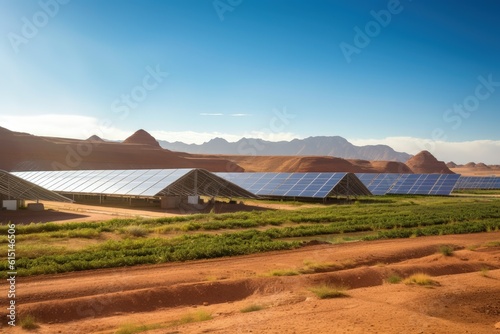 Solar power plant in the middle of the desert with undergrowth and mountains in the background, Generative AI