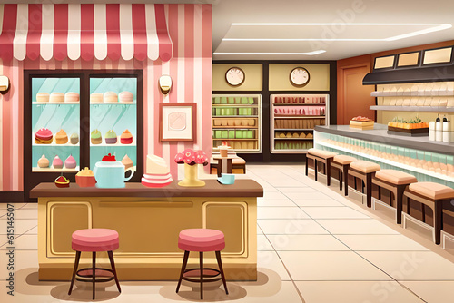 a sweet bakery shop with a delightful display of colorful pastries and cakes, a cute window sign with a smiling cupcake