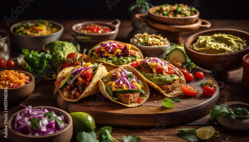 Grilled beef taco with guacamole, tomato, and cilantro on flatbread generated by AI