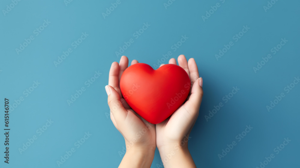 hands hold a red heart on a blue background. ai generative - obrazy, fototapety, plakaty 
