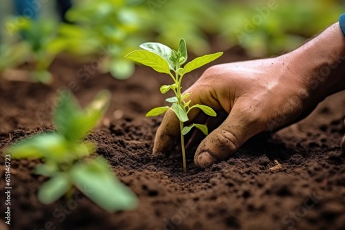 Hand planting plant seedling, Concept of nature and environment preservation, Generative AI