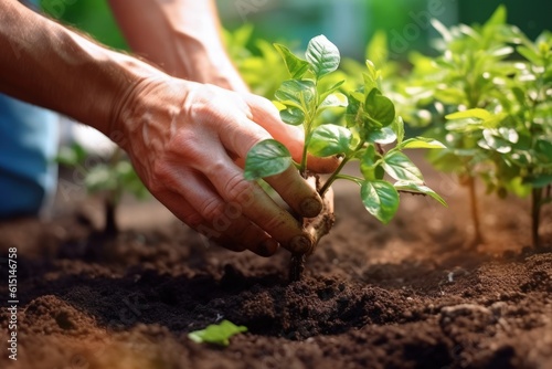 Hand planting plant seedling, Concept of nature and environment preservation, Generative AI