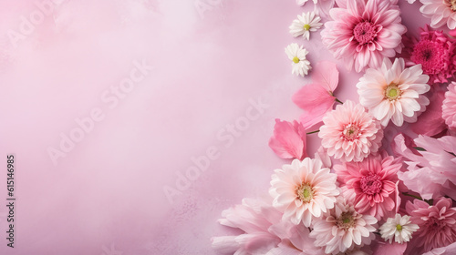 Banner with a frame of pink flowers on a pink background. Spring composition with copyright.ai generative