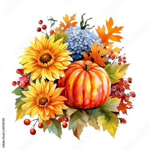 Fall Autumn Flowers Watercolor Clip art, Fall Autumn Watercolor Sublimation Design, Pumpkin Clip art