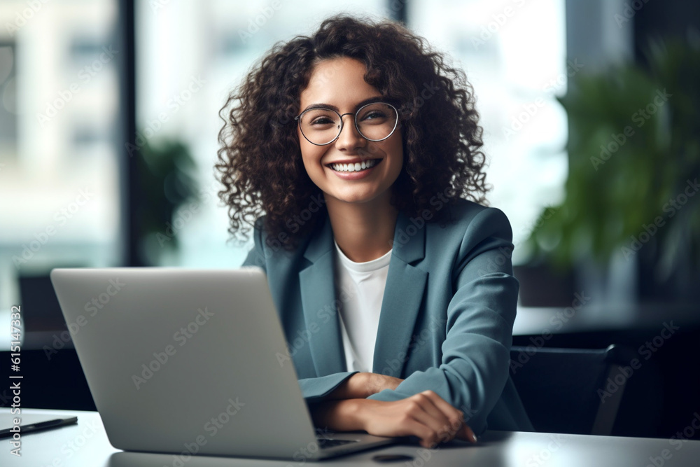 Portrait of cheerful businesswoman smiling at the meeting. Marketing manager using computer technology or banking services. Generative Ai content.