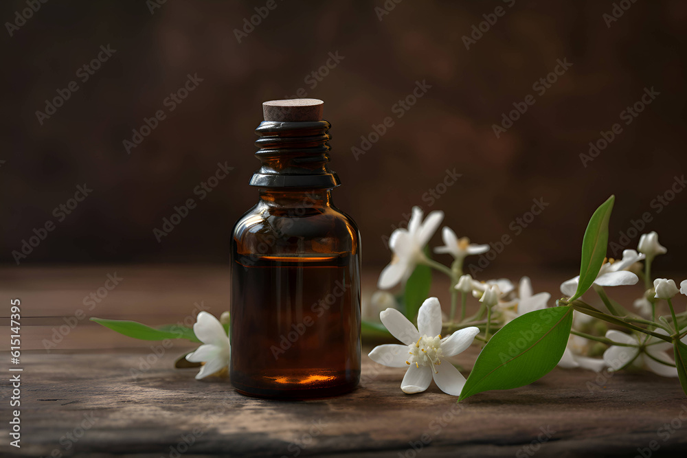 Neroli essential oil with flowers on a wooden background, Generative AI Neroli essential oil with flowers on a wooden background, Generative AI
