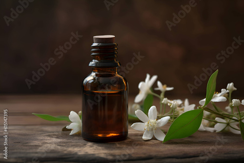 Neroli essential oil with flowers on a wooden background, Generative AI