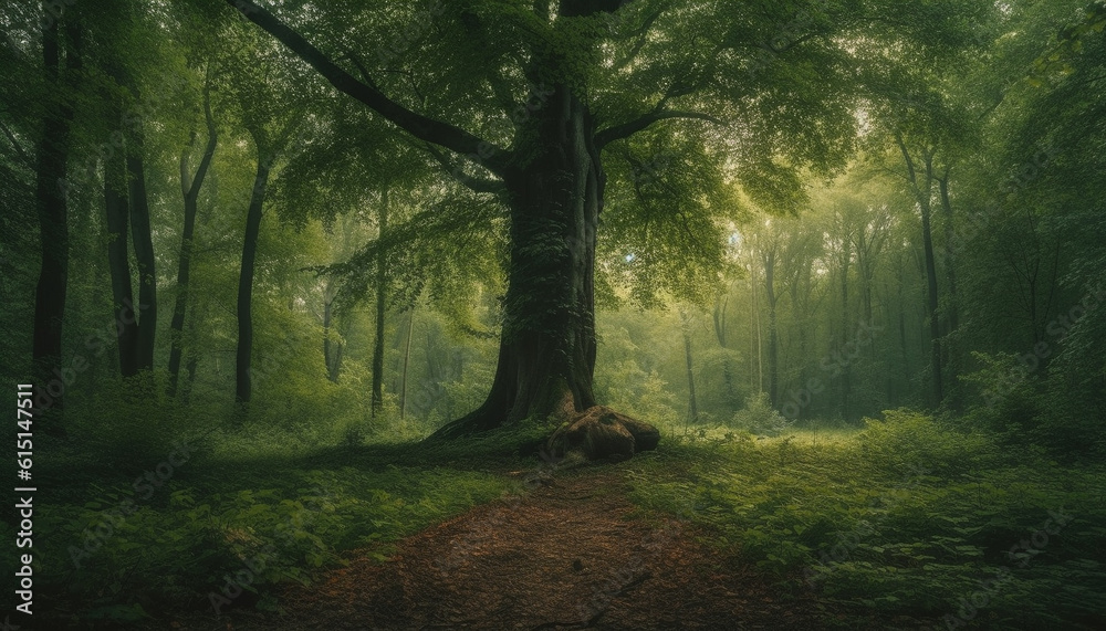 A mysterious forest path, shrouded in fog and mystery generated by AI