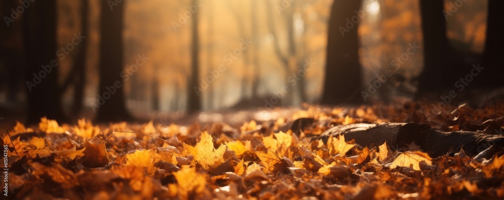 Autumn nature banner background with orange and yellow fallen maple leaves in sunlight. Ai generative.