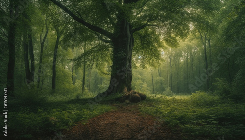 A mysterious forest path, shrouded in fog and mystery generated by AI