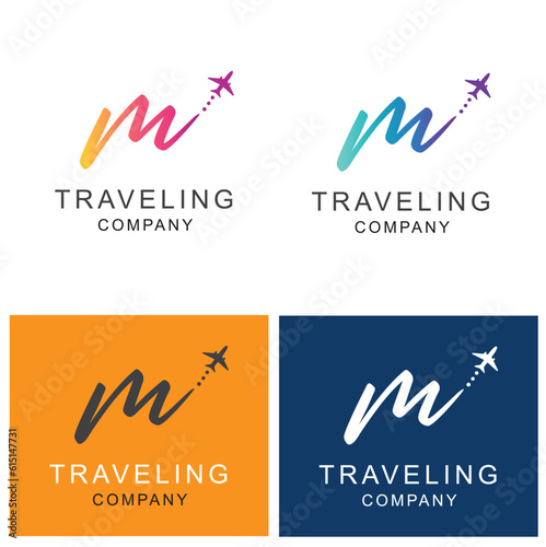 Letter M, travel logo design with a small plane.