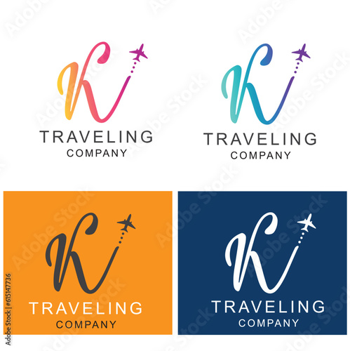 Letter K, travel logo design with a small plane.