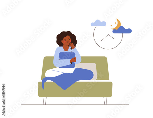 Worried woman sits on the bed at night and looks at alarm clock. Young girl suffers from insomnia. Sleep disorder and females health during menopause concept . Vector illustration