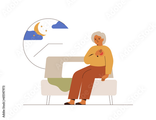 Elderly woman wakes with heartbeat symptom. Senior female sits on the bed with labored breath. Insomnia and age-related sleep disorders concept. Grandmother suffers from insomnia. Vector illustration