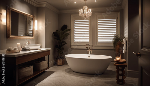 Modern luxury bathroom with elegant fixtures  wide window  and illuminated towel generated by AI