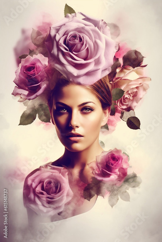 Beautiful women portrait with roses crown created with Generative AI technology