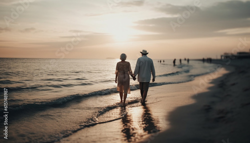 A romantic couple walks on the sand, holding hands at sunset generated by AI