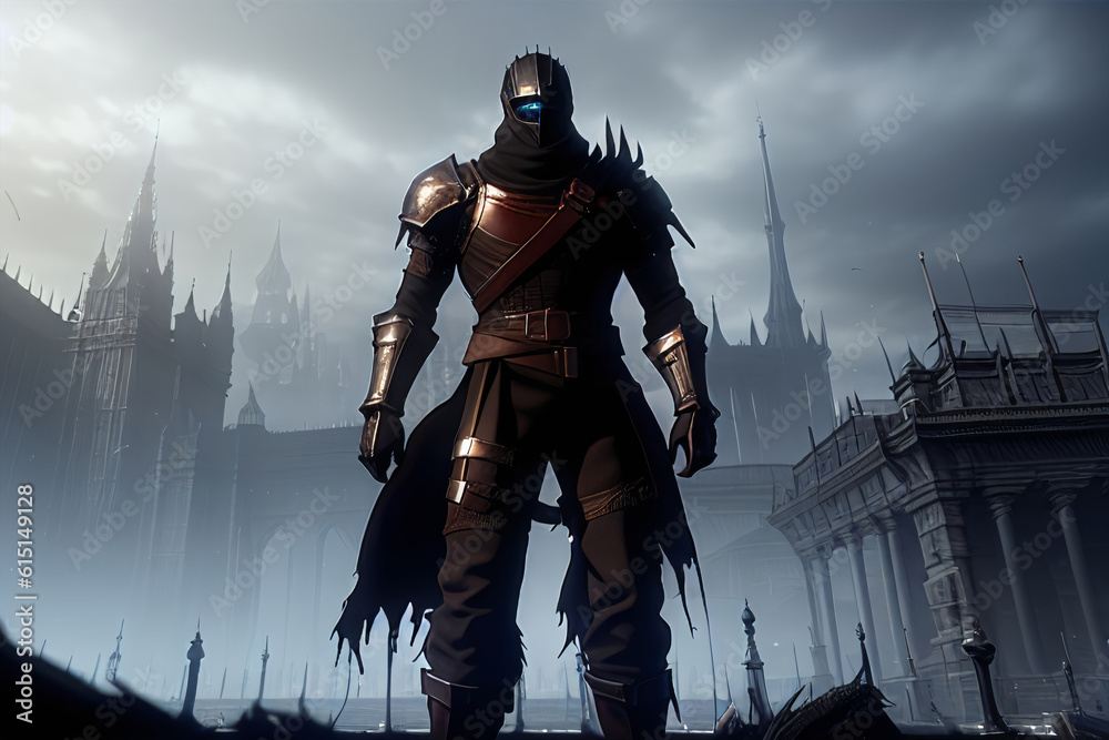Dark Fantasy Knight in Full Armor Outside a Castle Cloudy Sky Generative AI Illustration Dark Fantasy Knight in Full Armor Outside a Castle Cloudy Sky Generative AI Illustration