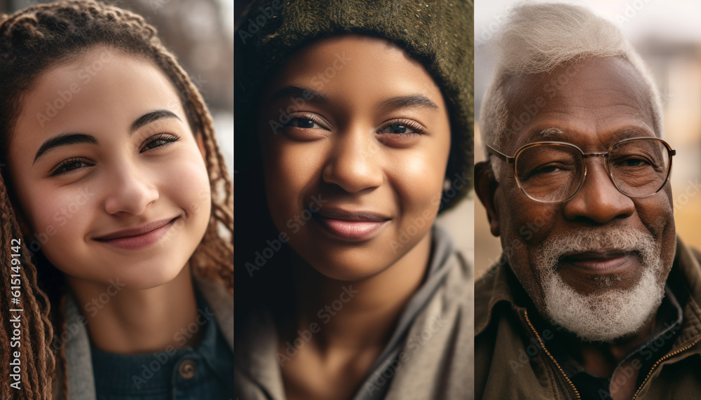 A multi ethnic group of people smiling in a close up portrait generated by AI A multi ethnic group of people smiling in a close up portrait generated by AI