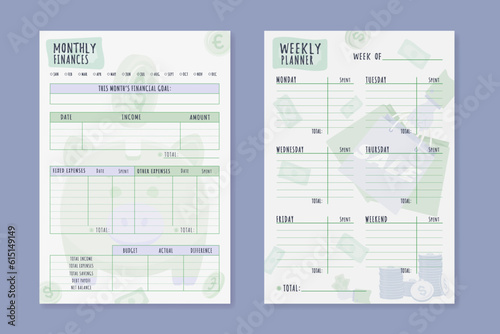 A set of Monthly and Weekly budget planner. Cute finance planner template In green and lilac lavender colors. Two colors. Vector illustration