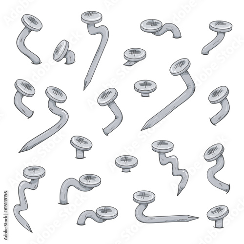 Cartoon bent nails. Set of Isolated old steel metal nails, gray pin. Construction, carpentry concept isolated on white background. Cute items for your design