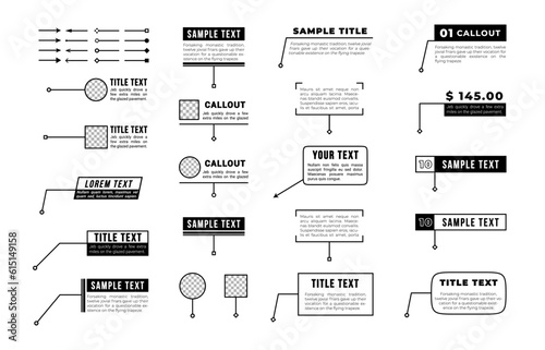 Digital callouts titles. Callout bar labels, information call box bars and modern digital info boxes layout templates vector illustration set