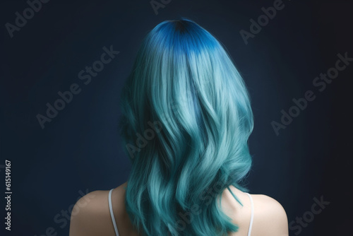 Beautiful woman with colorful blue dyed hair, rear view.