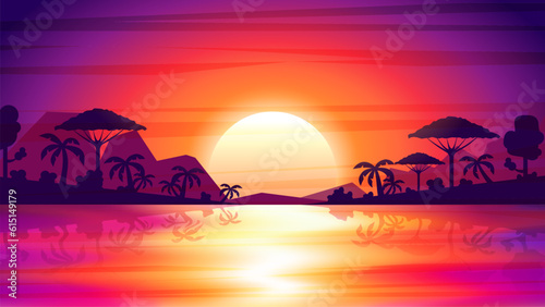 Bay landscape at sunset. Travel poster or sticker. Tropical island paradise sunset, ocean, beach and palm trees. Summer vacation holiday. Vector, isolated. Summer placard poster flyer invitation card