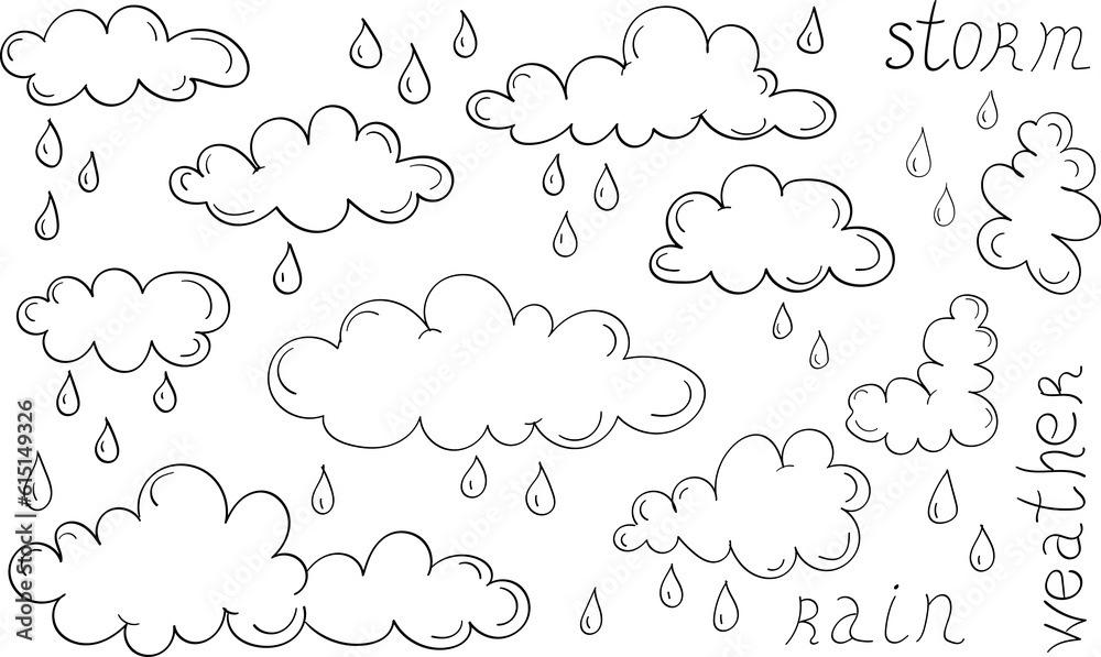 Rain icons - clouds and drops in the doodle vector set Rain icons - clouds and drops in the doodle vector set