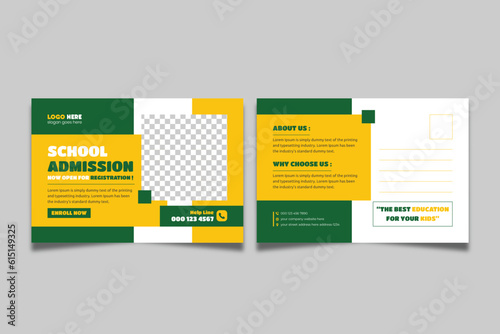 School admission eddm postcard template. Back to school education postcard design, Kids Education promotional postcard design.
