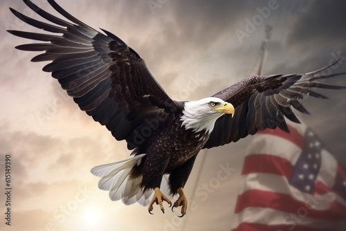Wavy American flag with an eagle symbolizing strength and freedom . 4th of July Memorial or Independence day background. Generative AI