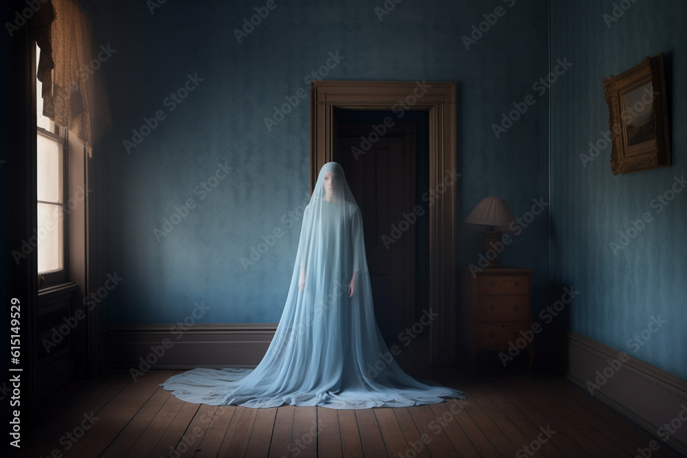 Creepy ghost woman in dark haunted house. Halloween concept. Creepy ghost woman in dark haunted house. Halloween concept.