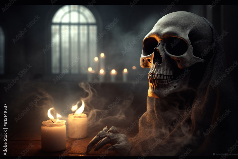 Grim reaper in haunted, creepy house. Generative ai Grim reaper in haunted, creepy house. Generative ai