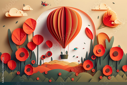 Hot air balloon over poppy field,  paper craft art or origami style for baby nursery, children design.Generative ai.