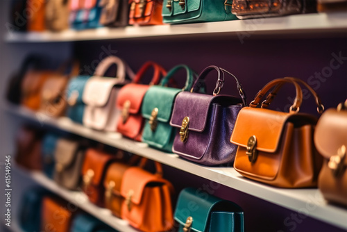 Shelf with colorful handbags in store